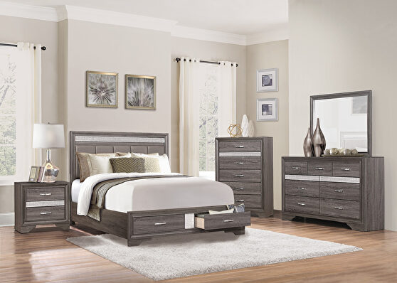 Gray finish queen platform bed with footboard storage