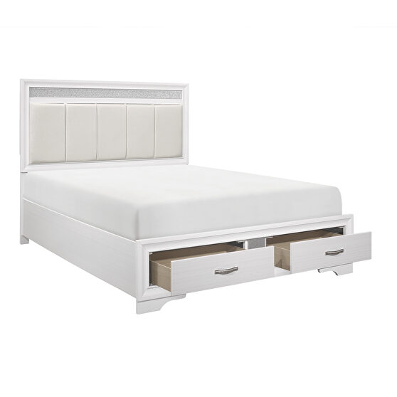 White and silver glitter finish eastern king platform bed with footboard storage