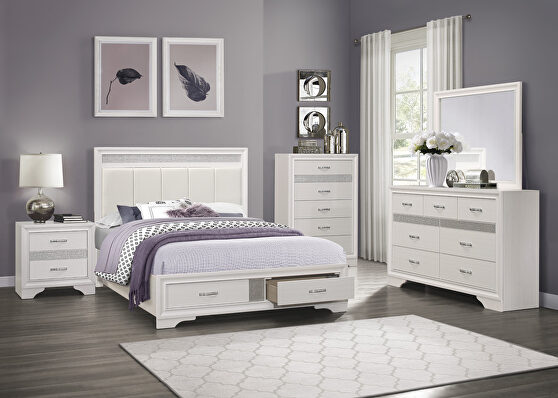 White and silver glitter finish queen platform bed with footboard storage