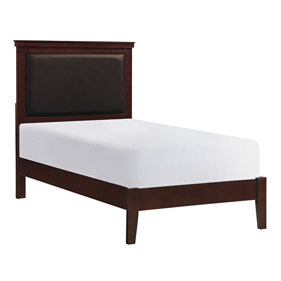 Cherry finish faux leather upholstered headboard twin bed