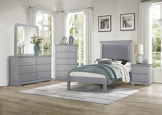 Gray finish faux leather upholstered headboard twin bed