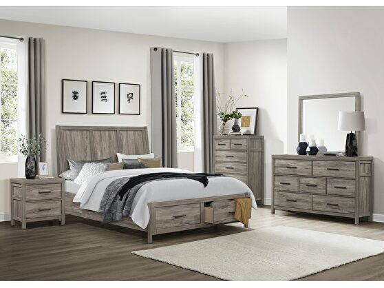 Weathered gray finish queen platform bed with footboard storage