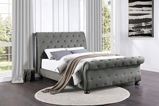 Dark gray chenille fabric upholstery queen bed