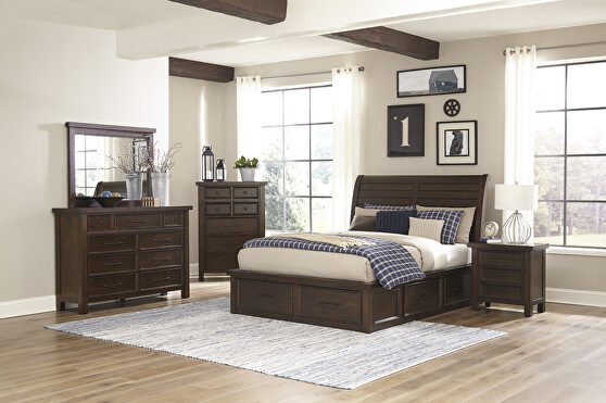 Brown finish queen platform bed with footboard storage