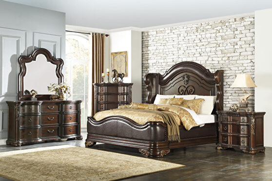 Brown faux leather and rich cherry finish queen bed