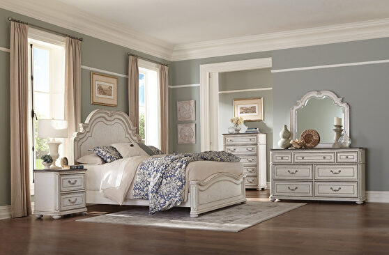 Antique white finish queen panel bed