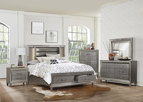Silver-gray metallic finish queen platform bed with footboard storage, led lighting