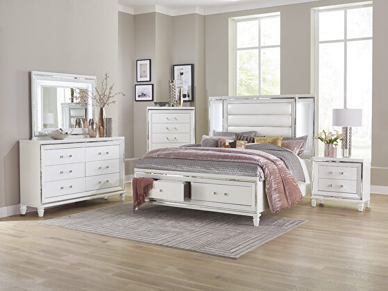 White metallic finish queen platform bed with led lighting and footboard storage