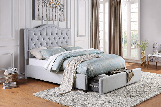 Gray fabric upholstery button-tufted headboard queen platform bed with storage drawers