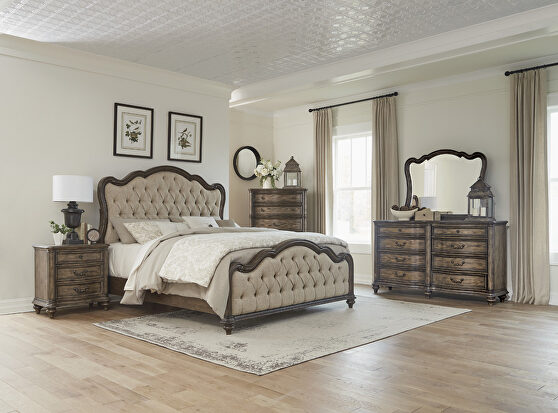 Brown button-tufted fabric upholstered headboard and footboard queen bed
