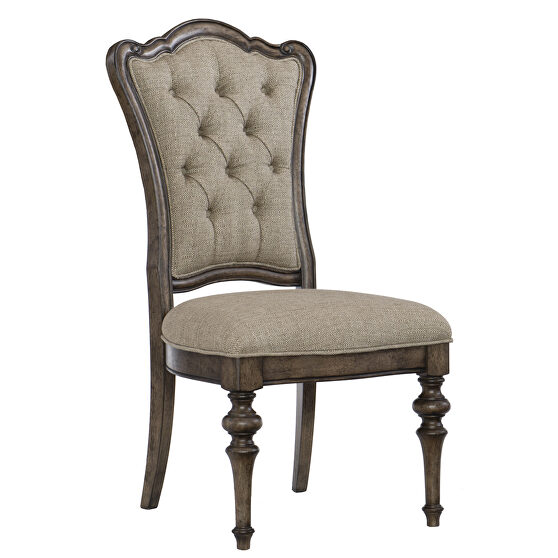 Brown oak finish fabric upholstery side chair