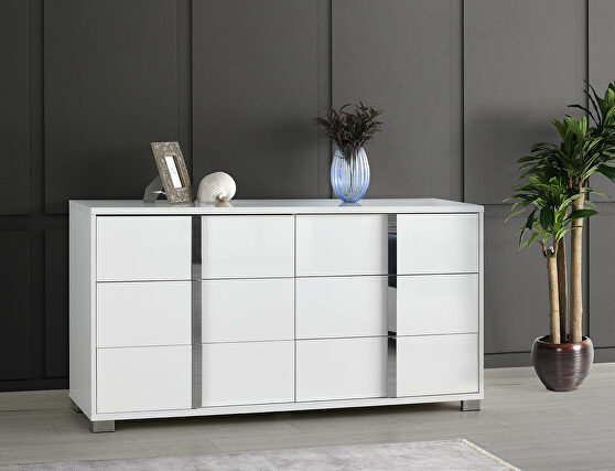 Contemporary sleek stylish white / chrome dresser