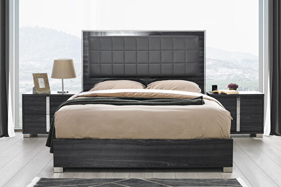 Contemporary sleek stylish gray / chrome king bed w/ led