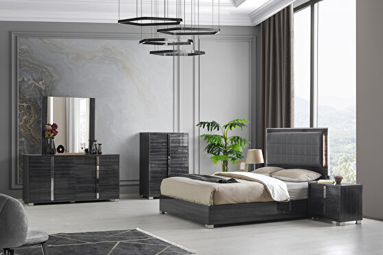 Contemporary sleek stylish dark gray / chrome bed w/ led