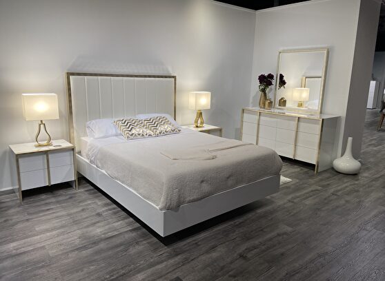 Contemporary sleek white king bed w/ gold trim