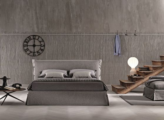 Modern low-profile gray fabric storage bed