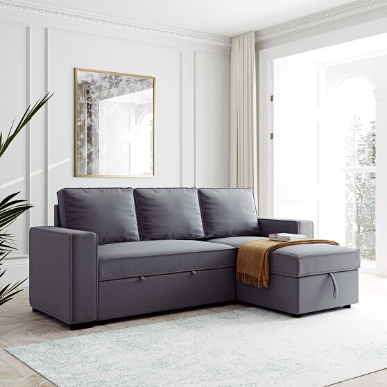 Gray reversible pull out sleeper sectional storage sofa bed