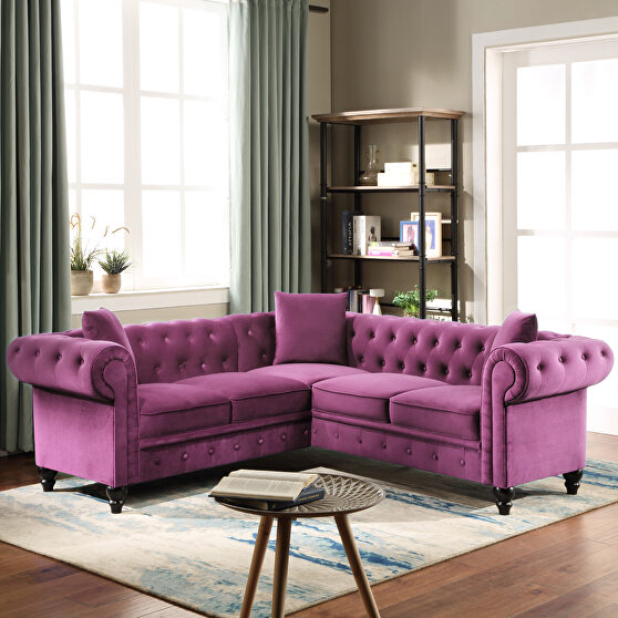 Purple tufted velvet upholstered rolled arm classic chesterfield sectional low back sofa