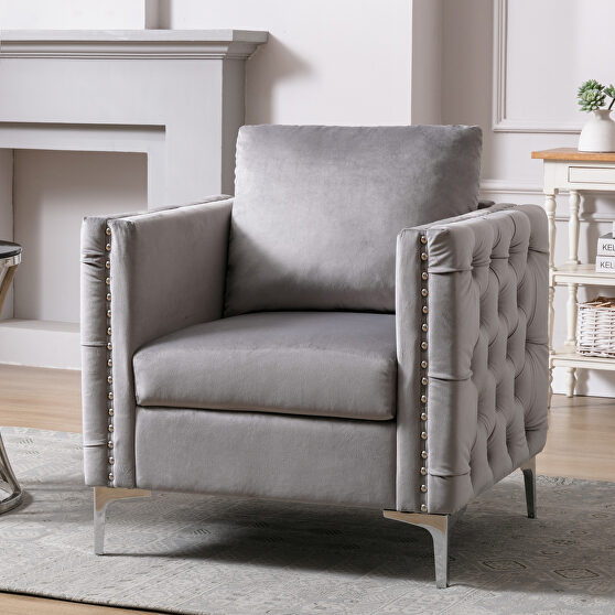 Modern button tufted gray velvet accent armchair