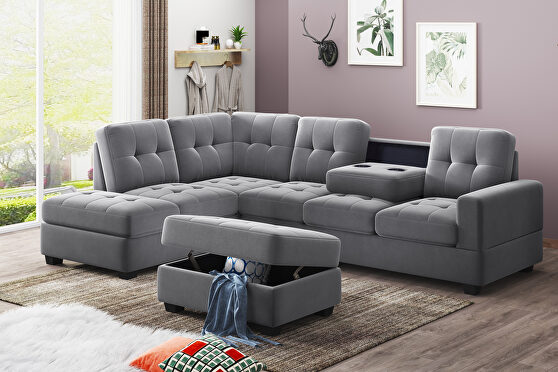 Antique gray suede sectional sofa with reversible chaise lounge