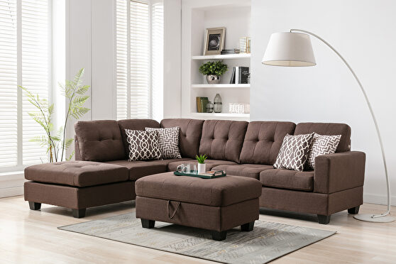 Chocolate linen reversible sectional sofa with 2 outlets & usb ports