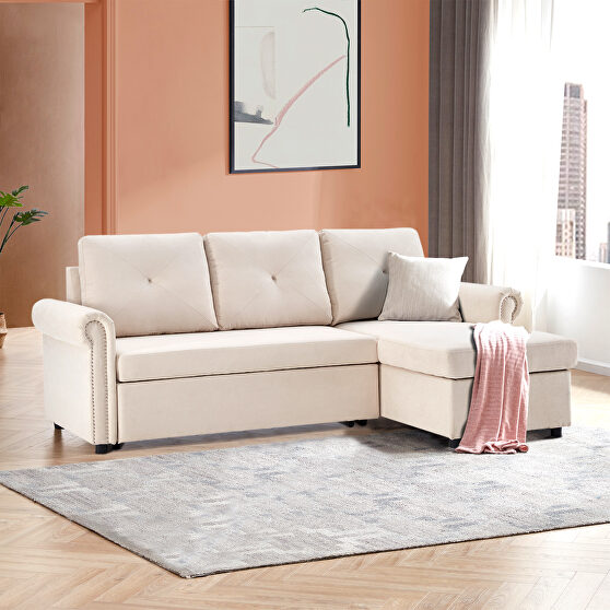 Beige linen convertible sectional l-shape corner couch sofa-bed with storage