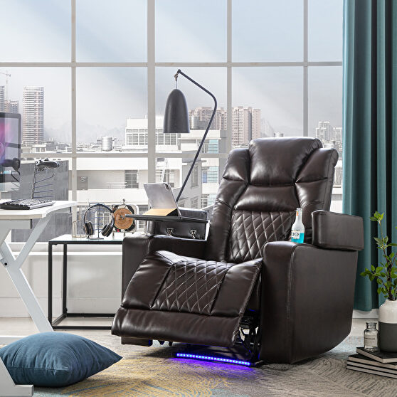 Brown metal and wood power motion recliner with usb charging port and 360Â° swivel tray table