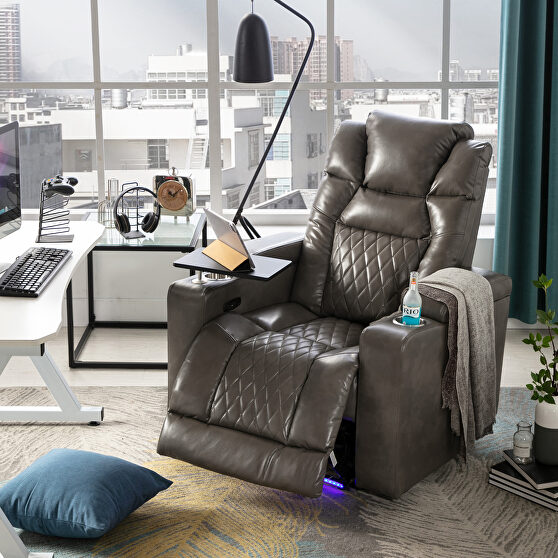 Gray metal and wood power motion recliner with usb charging port and 360Â° swivel tray table