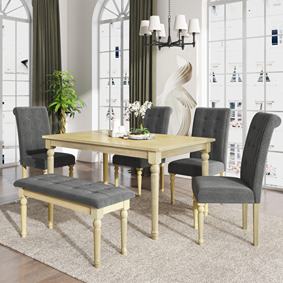 6 piece dining table set with 4 upholstered dining chairs and tufted bench