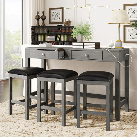 Gray 4-piece counter height table set with socket and leather padded stools