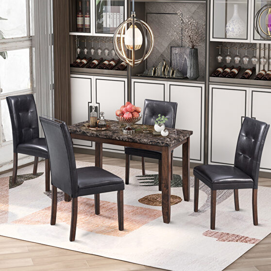 Brown/black faux marble 5-piece dining set table with 4 thicken cushion dining chairs