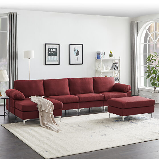 Red linen fabric sectional sofa