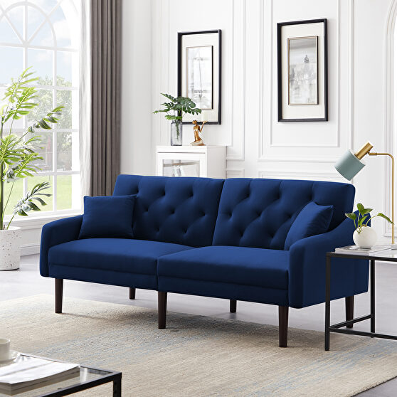 Futon sofa sleeper navy blue velvet with 2 pillows