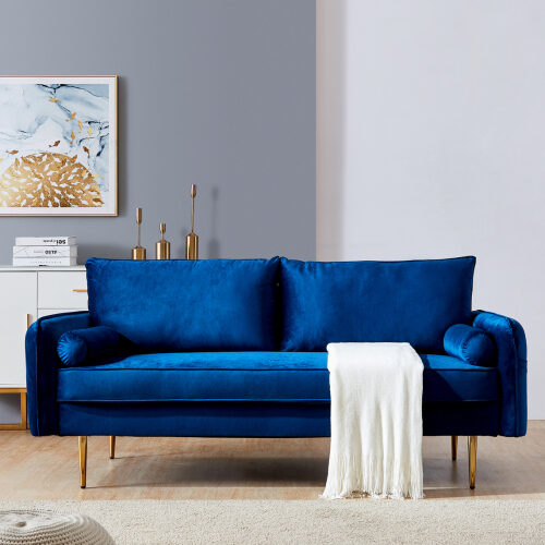 Blue velvet fabric sofa with pocket