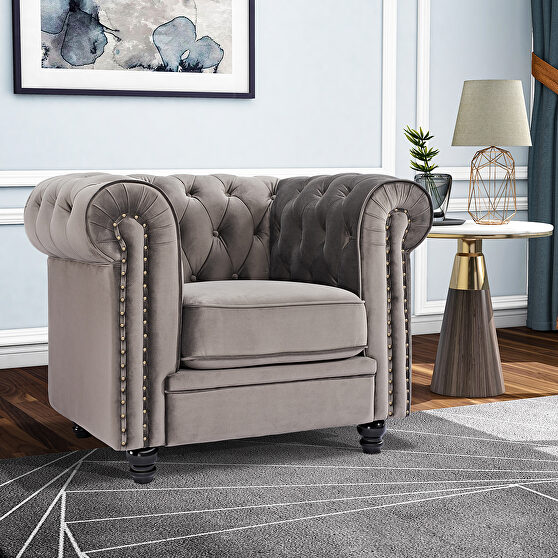 Classic sofa 1-seat gray velvet solid wood oak feet