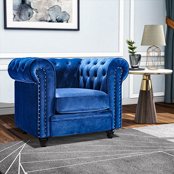 Classic sofa 1-seat blue velvet solid wood oak feet