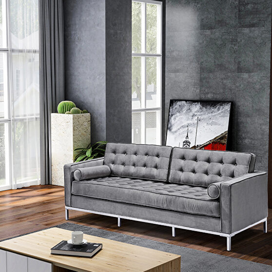 Gray velvet sofa loveseat metal foot