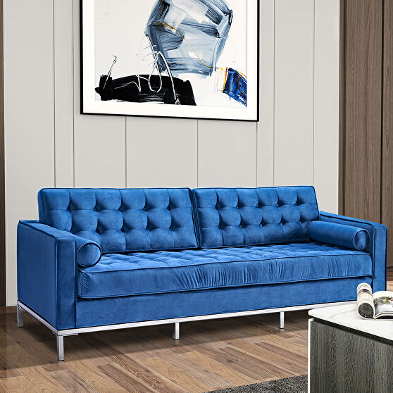Blue velvet sofa loveseat metal foot