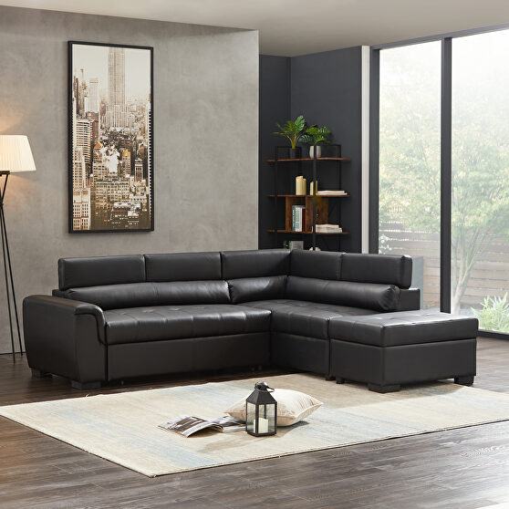 Black leather corner broaching sofa with storage