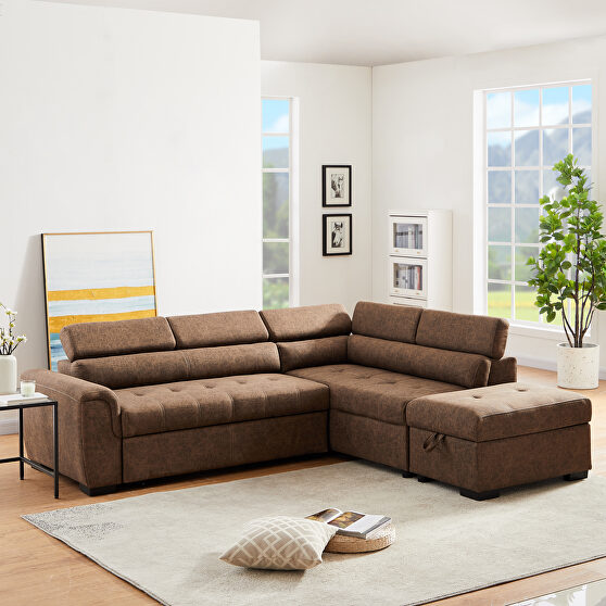 Brown suede corner broaching sofa with storage