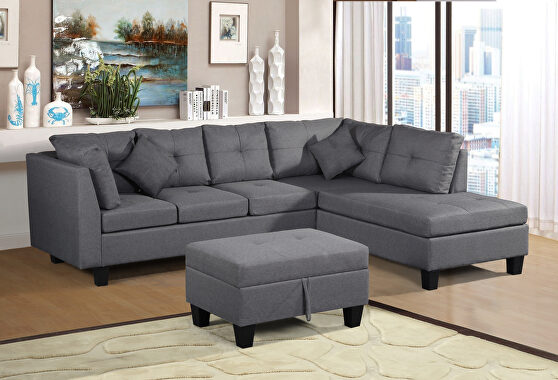 Gray sectional sofa set for living room with right hand chaise lounge and storage ottoman