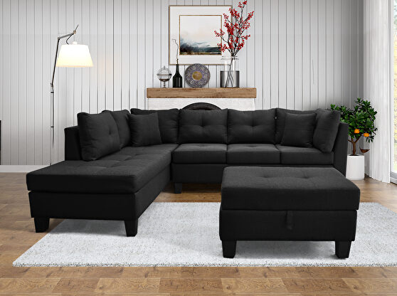 Black sectional sofa set for living room with left hand chaise lounge and storage ottoman