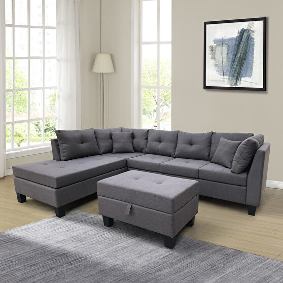 Dark gray sectional sofa set for living room with left hand chaise lounge and storage ottoman