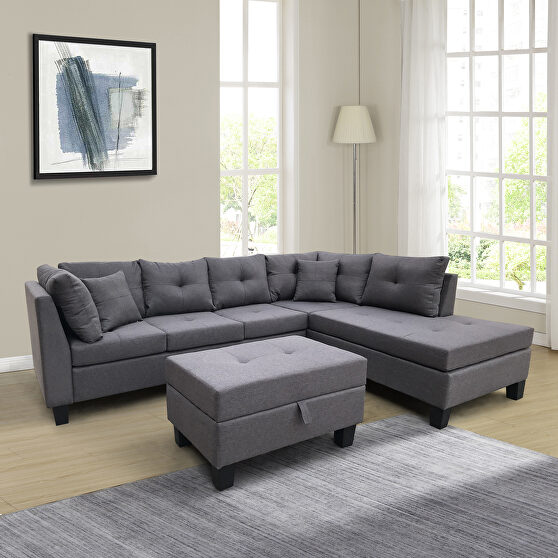 Dark gray sectional sofa set for living room with right hand chaise lounge and storage ottoman