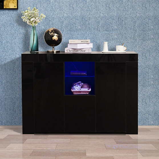 Black high gloss kitchen sideboard cupboard with led light