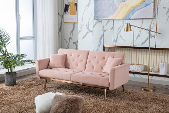 Loveseat sofa with rose gold metal feet and pink velvet