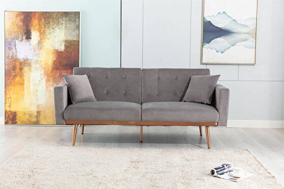 Loveseat sofa with rose gold metal feet and gray velvet