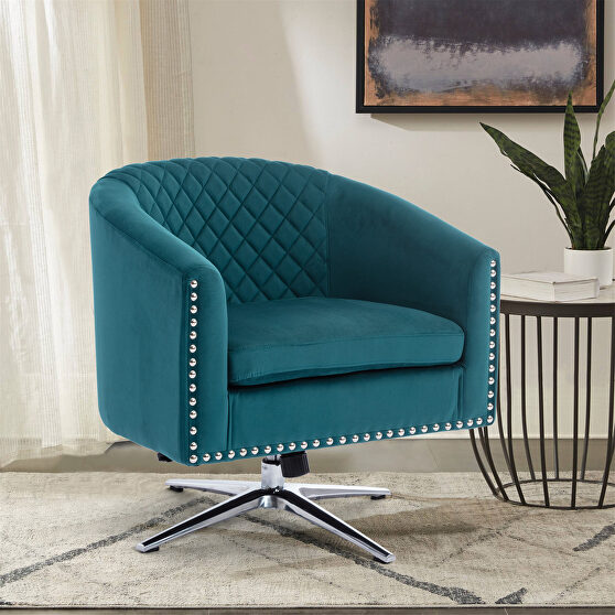 Blue velvet swivel barrel chair with nailheads and metal base