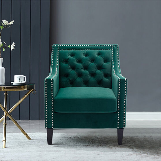 Green accent armchair living room chair with nailheads and solid wood legs