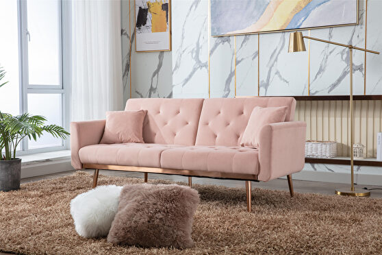 Loveseat sofa with rose gold metal feet and pink velvet